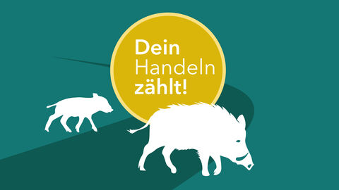 Das Bild zeigt eine Illustration von zwei Wildschweinen. Dazu der Text: Dein Handeln zählt!