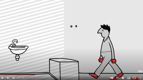 Ein Besucher betritt einen Schweinehaltungsbetrieb. Rote Hände und rote Schuhe weisen auf Verschmutzungen hin. Eine Bank im Eingangsbereich macht deutlich: Ab hier gelten Schutzmaßnahmen, um den sauberen Innenbereich vor dem schmutzigen Außenbereich zu schützen.